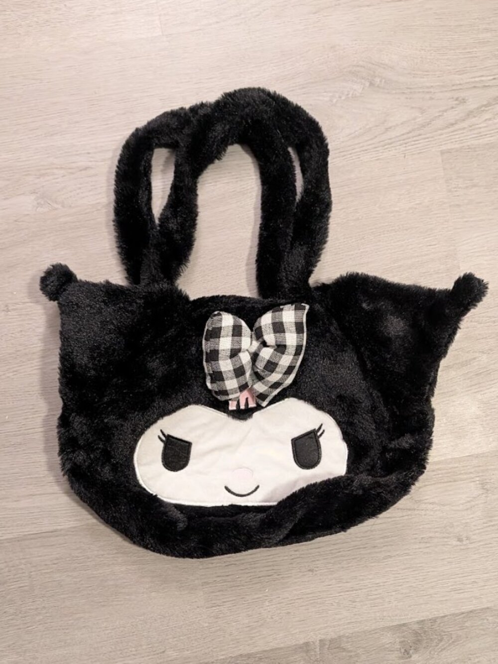 Black Kuromi Plush Hello Kitty Character Handbag Gingham Bow Kawaii Y2K Purse